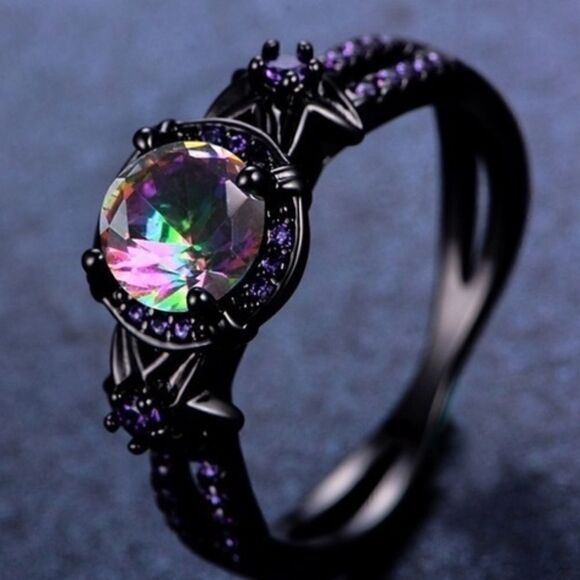 Mystic Rainbow Fire Topaz Flower Ring Purple Amethyst Black - Picture 6 of 6